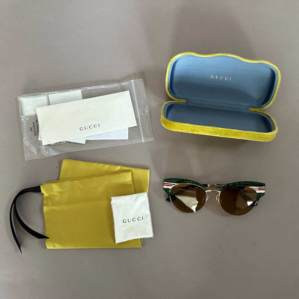 Brand New Gucci Gg0283s 004 GreenGoldBrown Cat Eye Sunglasses